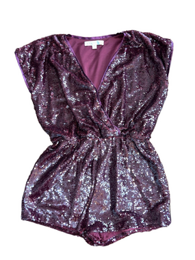 Honey Belle: Burgundy Sequin Wrap Romper: Size Medium